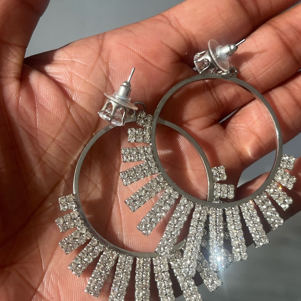 Silver Rhinestone Hoop Earrings with Crystal Accents